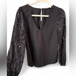 Lush Black Blouse with Lace Sleeves